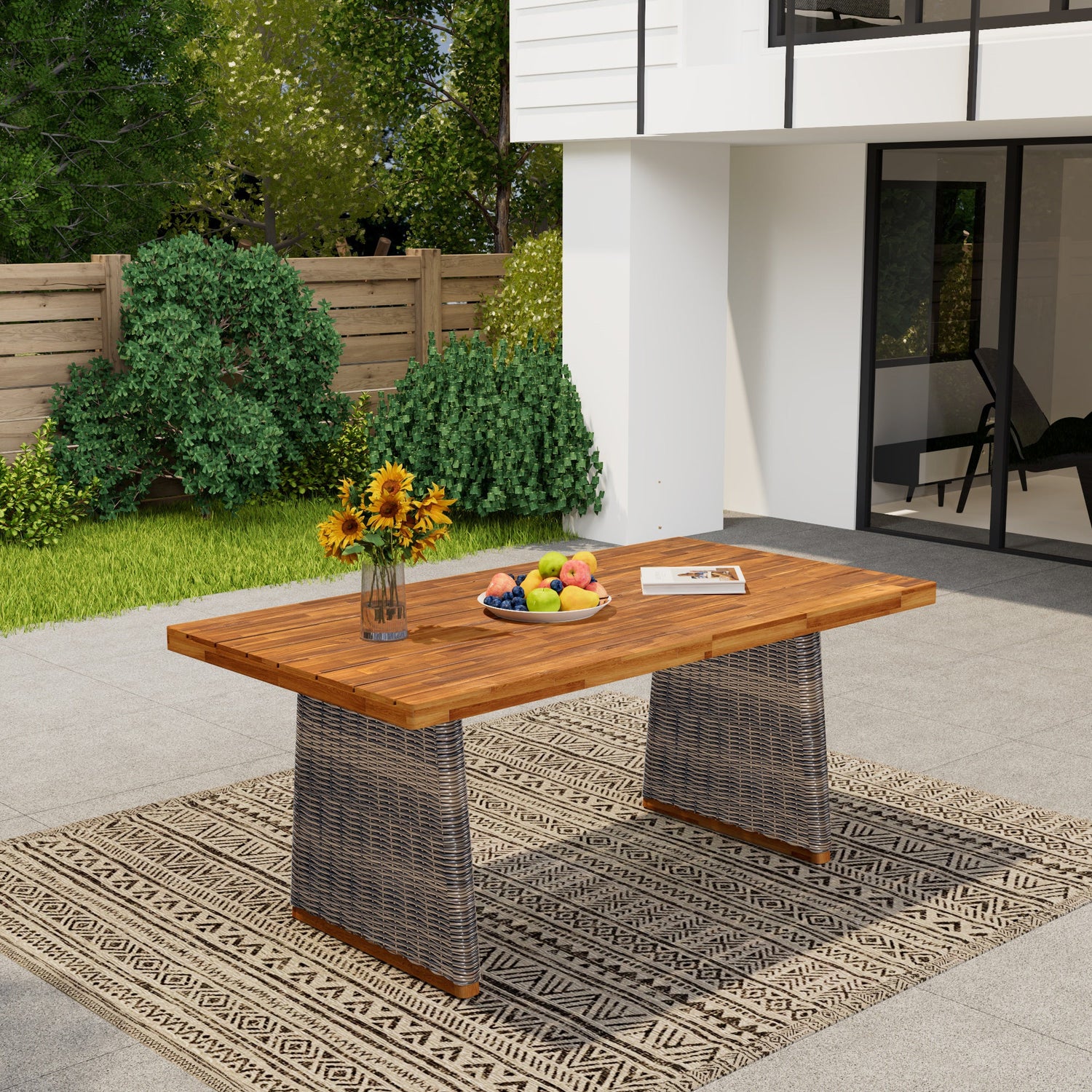Outdoor Acacia Wood Dining Table - Teak + Grey Wicker