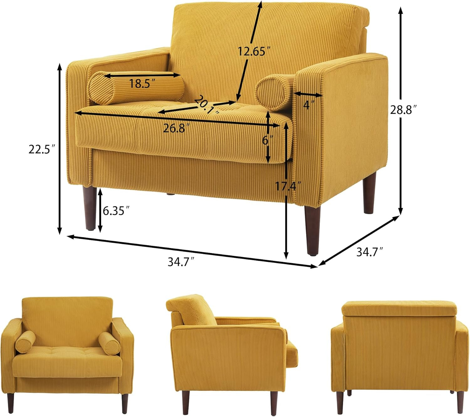 Mid Century Modern Oversized Corduroy Accent Chair in Yellow