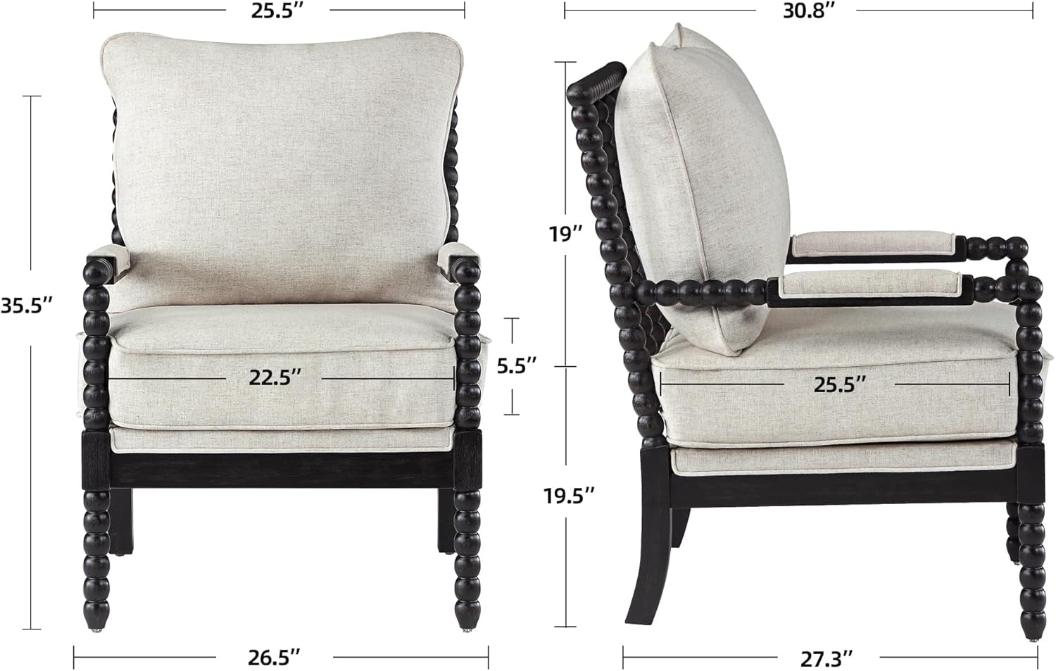 European Spindle Armchairs with Linen Cushions - 2 pc Set