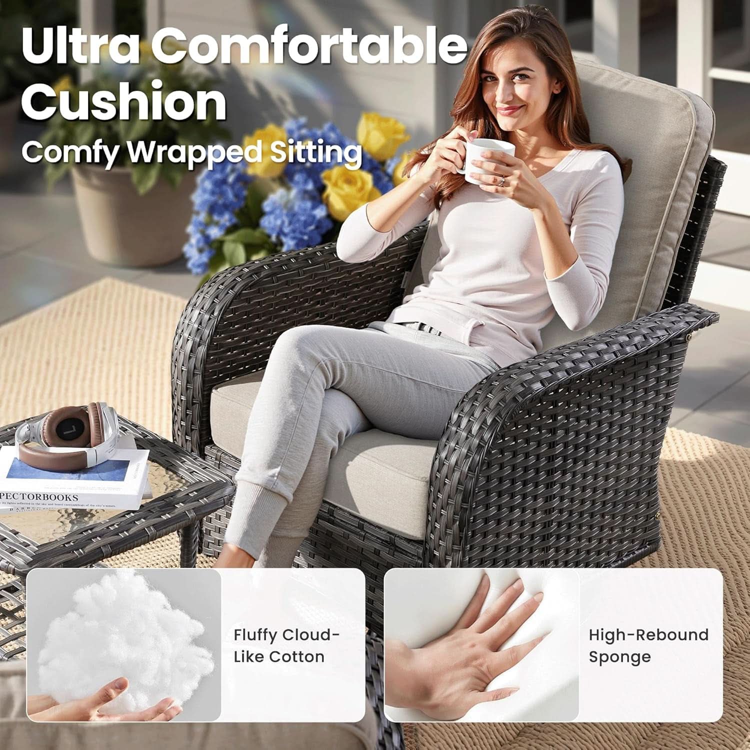 Modern 8 Piece Wicker Patio Set with Swivel Rocking Chairs and Sofa - Beige