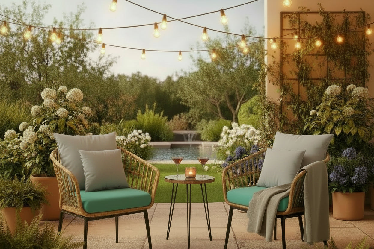 3 Piece Outdoor Conversation Set With Wicker Chairs and Green Cushions