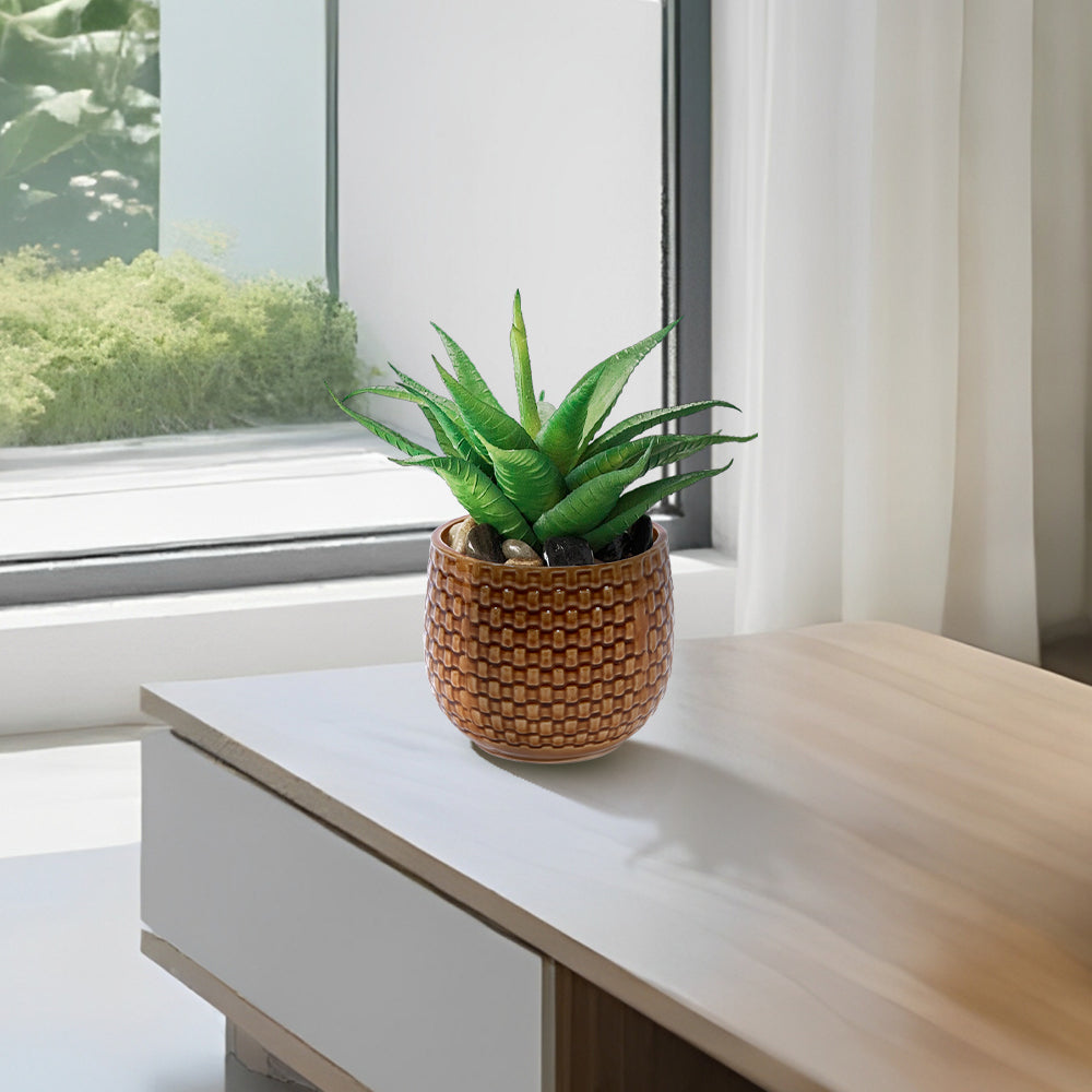 Set of 3 Weave Pattern Ceramic Pots - Brown