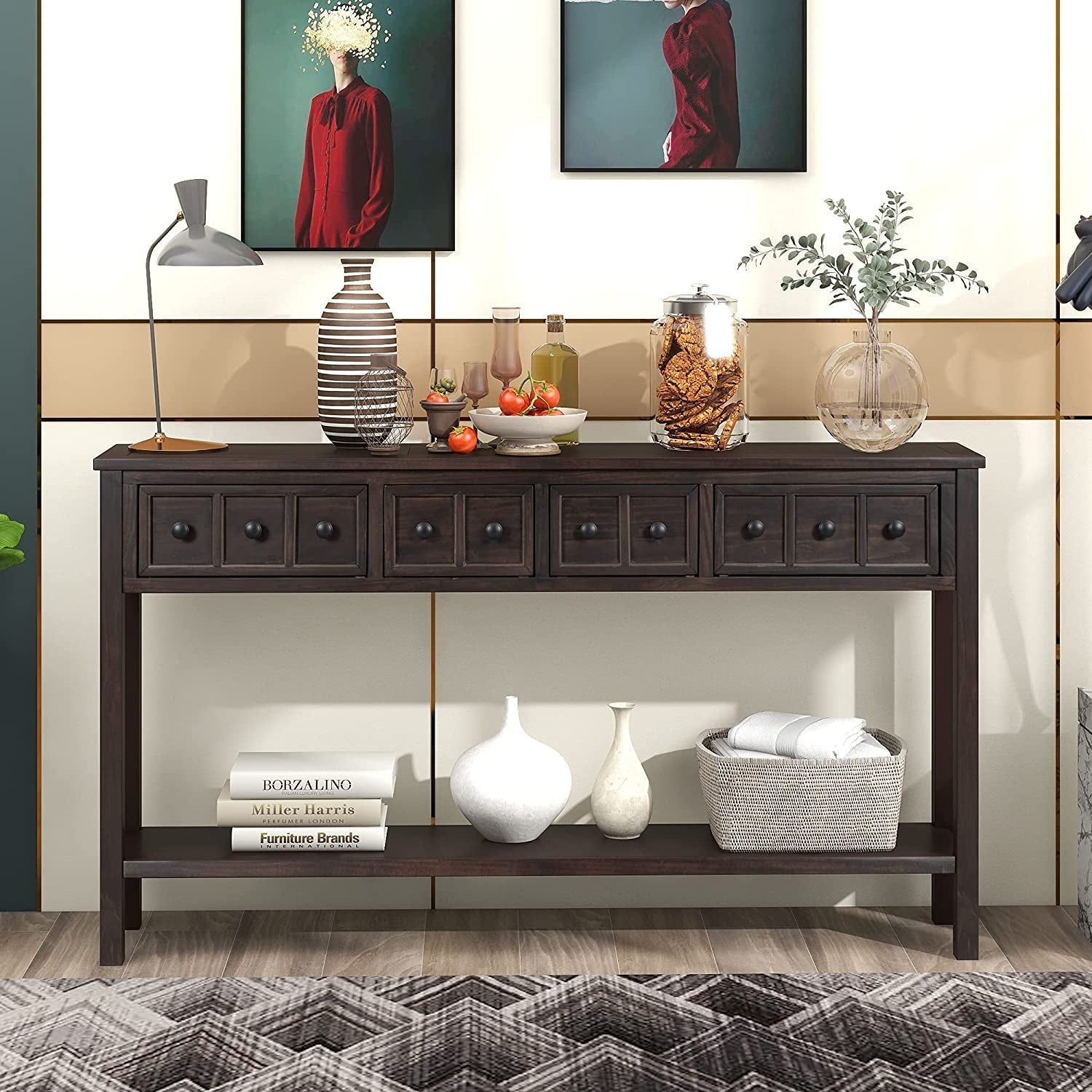 Rustic 60 Inch Console Table With Drawers in Mocha