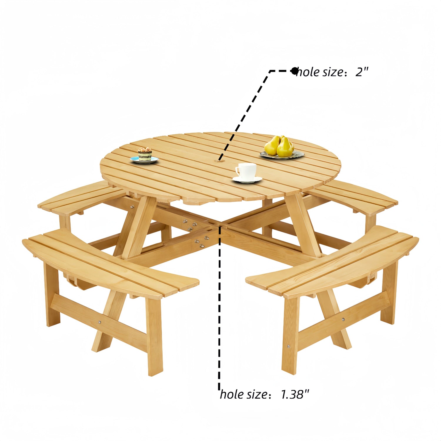 8-Person Round Picnic Table with 4 Built-in Benches - Natural Finish