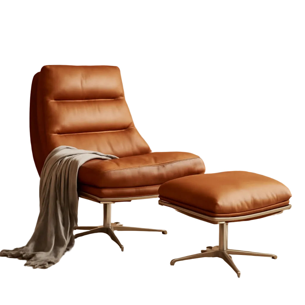 Brown Upholstered Faux Leather Swivel Chair Ottoman