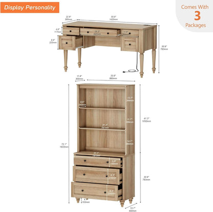Oakwood Finish Office Suite - 56" Executive Desk With USB Charging + Bookcase