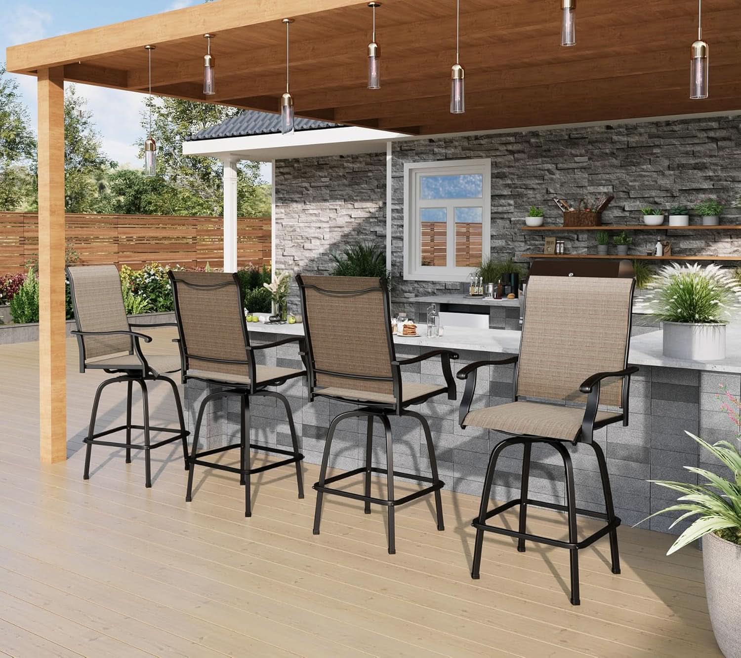 Set of 4 Outdoor Swivel Bar Stools - Tan