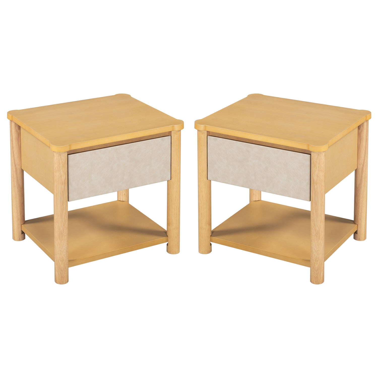 Beige Wood Platform Bed with Headboard and Matching Bedside Tables - 3 Pc Set