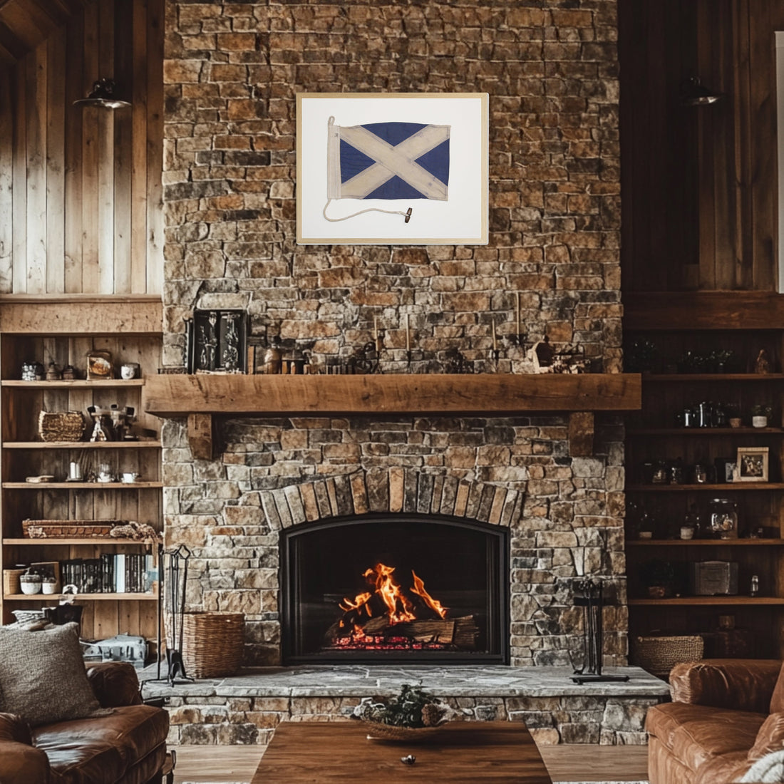Navy and White Flag in Natural Wooden Frame - 20 x 16 inch