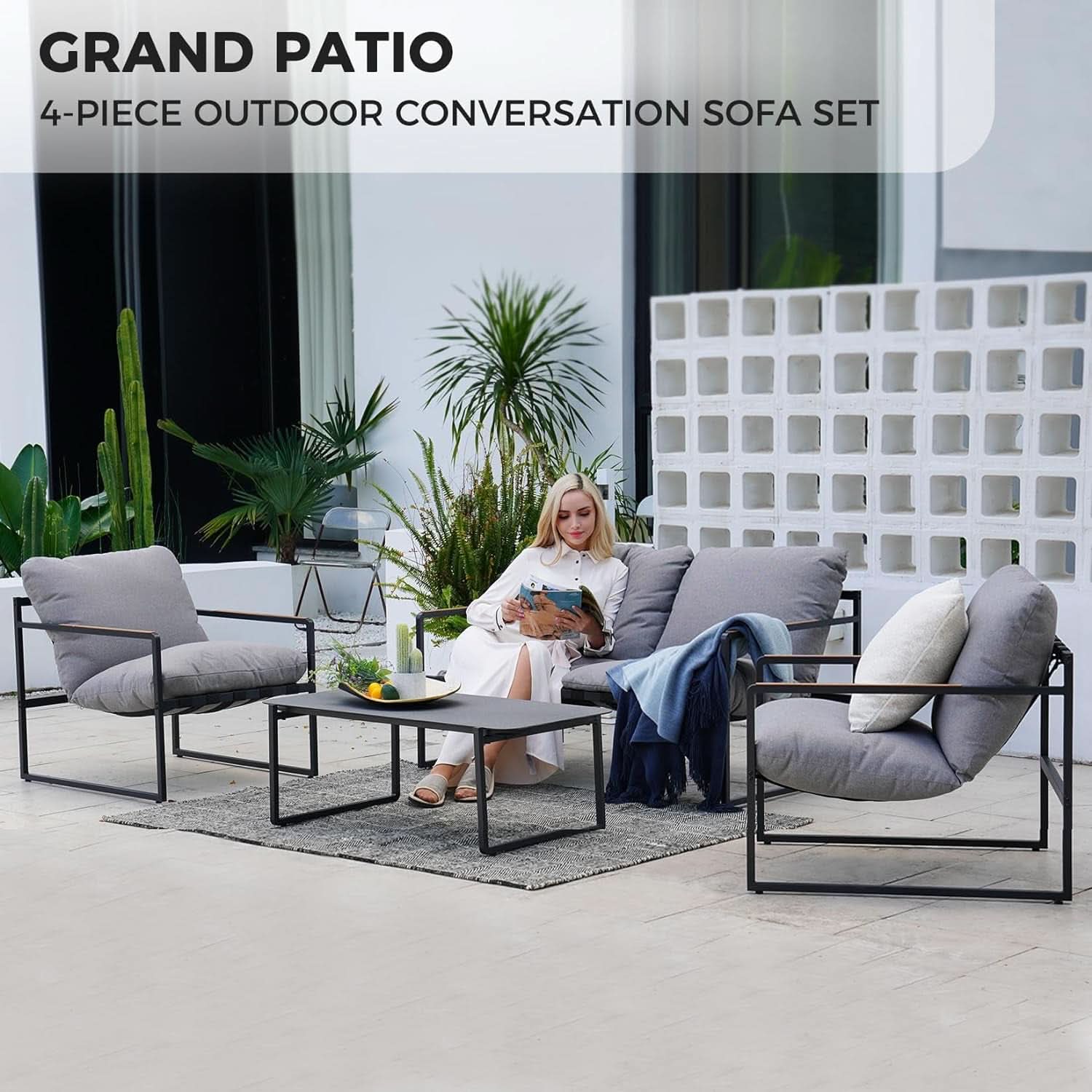 4 Piece Outdoor Slingback Furniture Set With Modern Metal Frames and Gray Cushions
