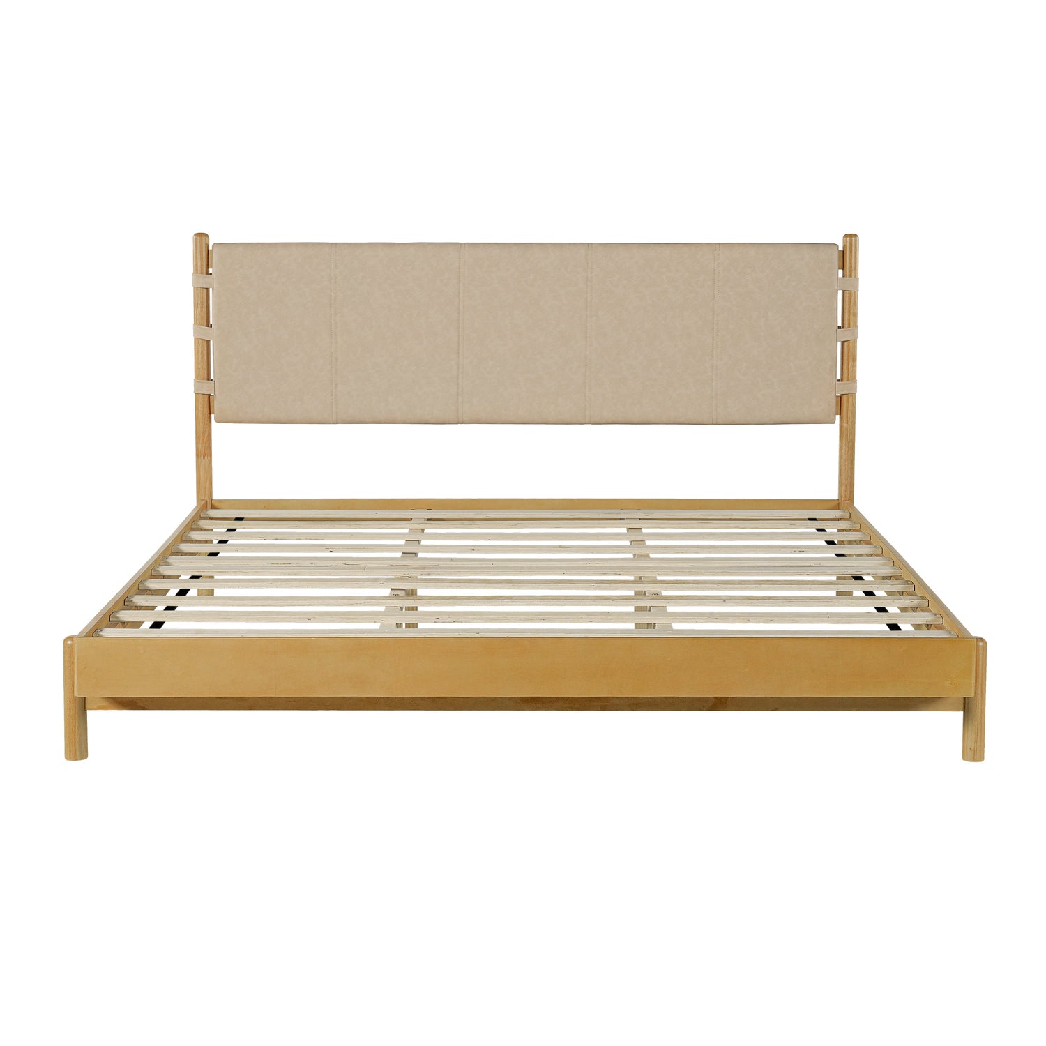Beige Wood Platform Bed with Headboard and Matching Bedside Tables - 3 Pc Set