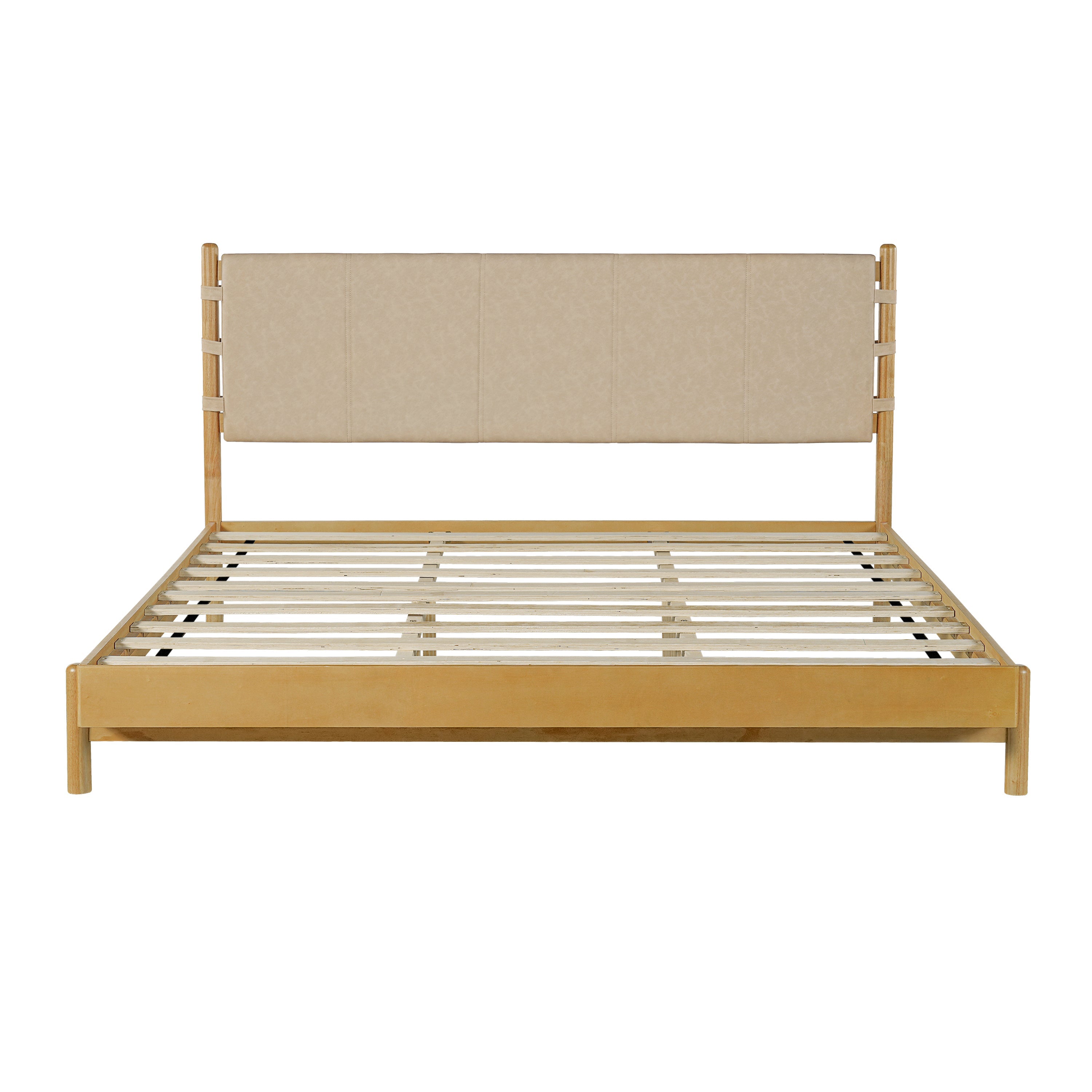 Beige Wood Platform Bed with Headboard and Matching Bedside Tables - 3 Pc Set