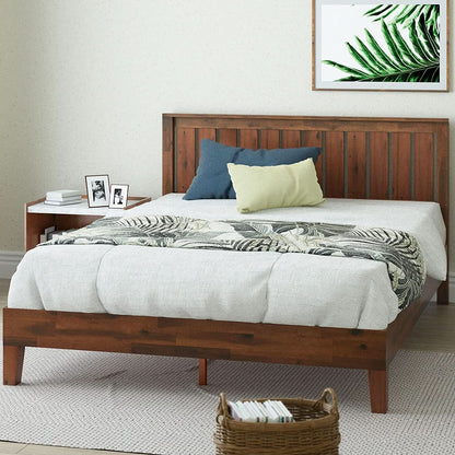 Queen Wood Platform Bed Frame With Slatted Headboard