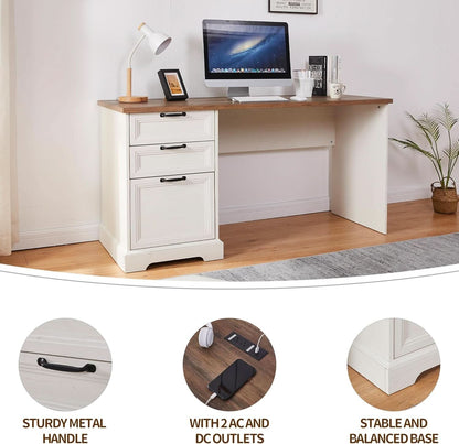 2 Piece Office Workstation with Desk + Rolling File Cabinet in 2 Toned White/Brown
