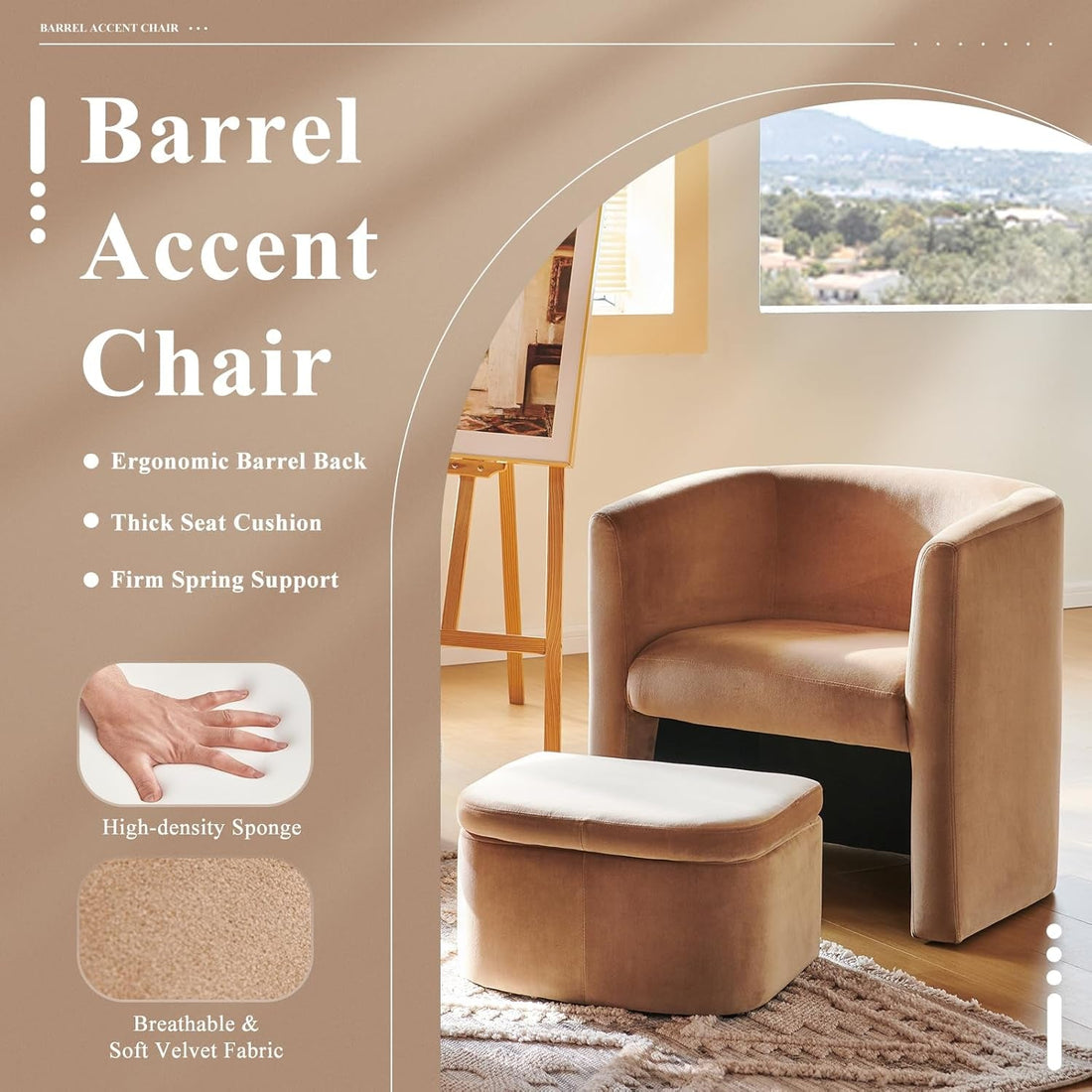Curved Velvet Accent Chair With Storage Ottoman