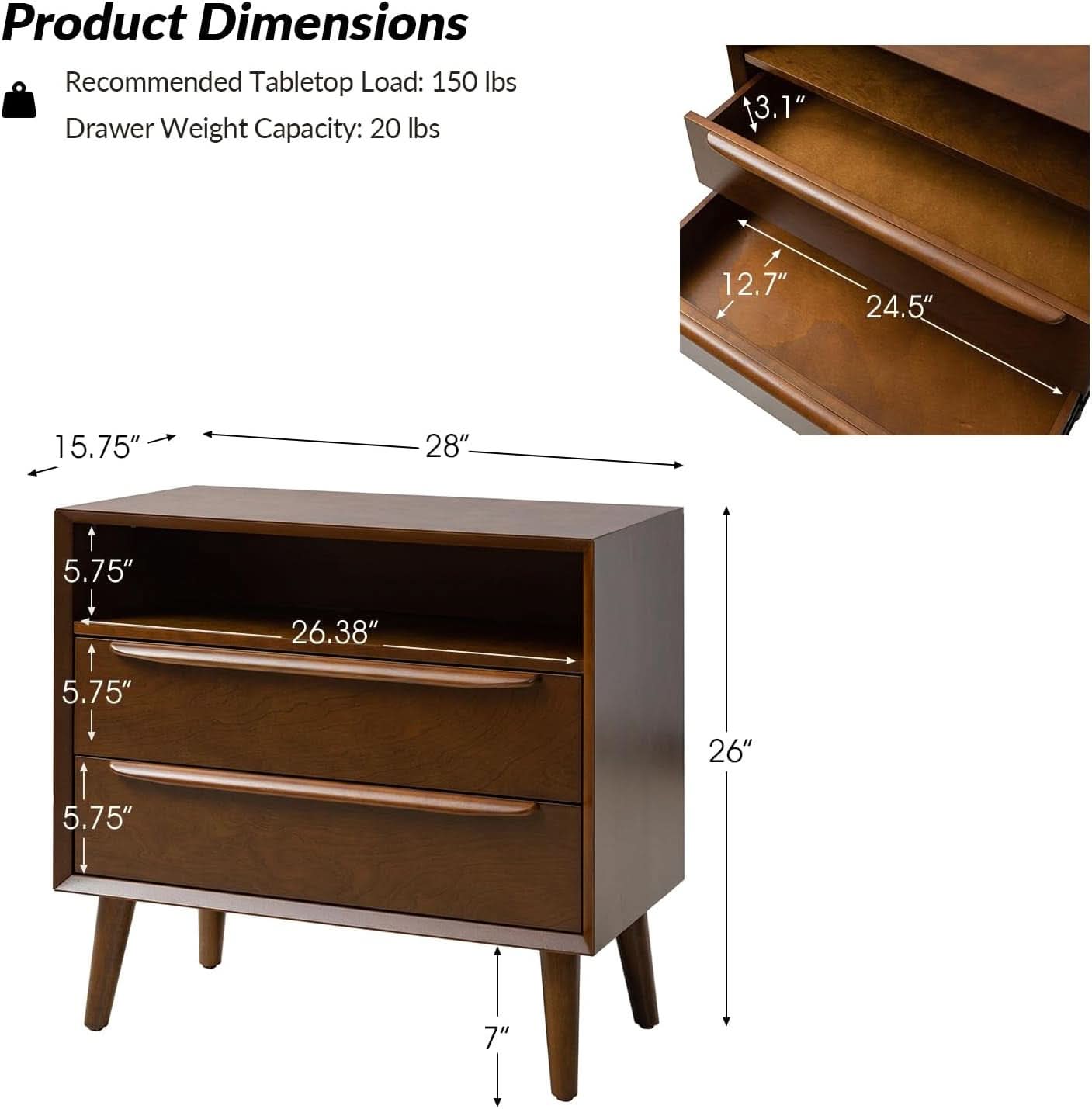 Mid Century Modern Nightstand with Charging Station in Walnut