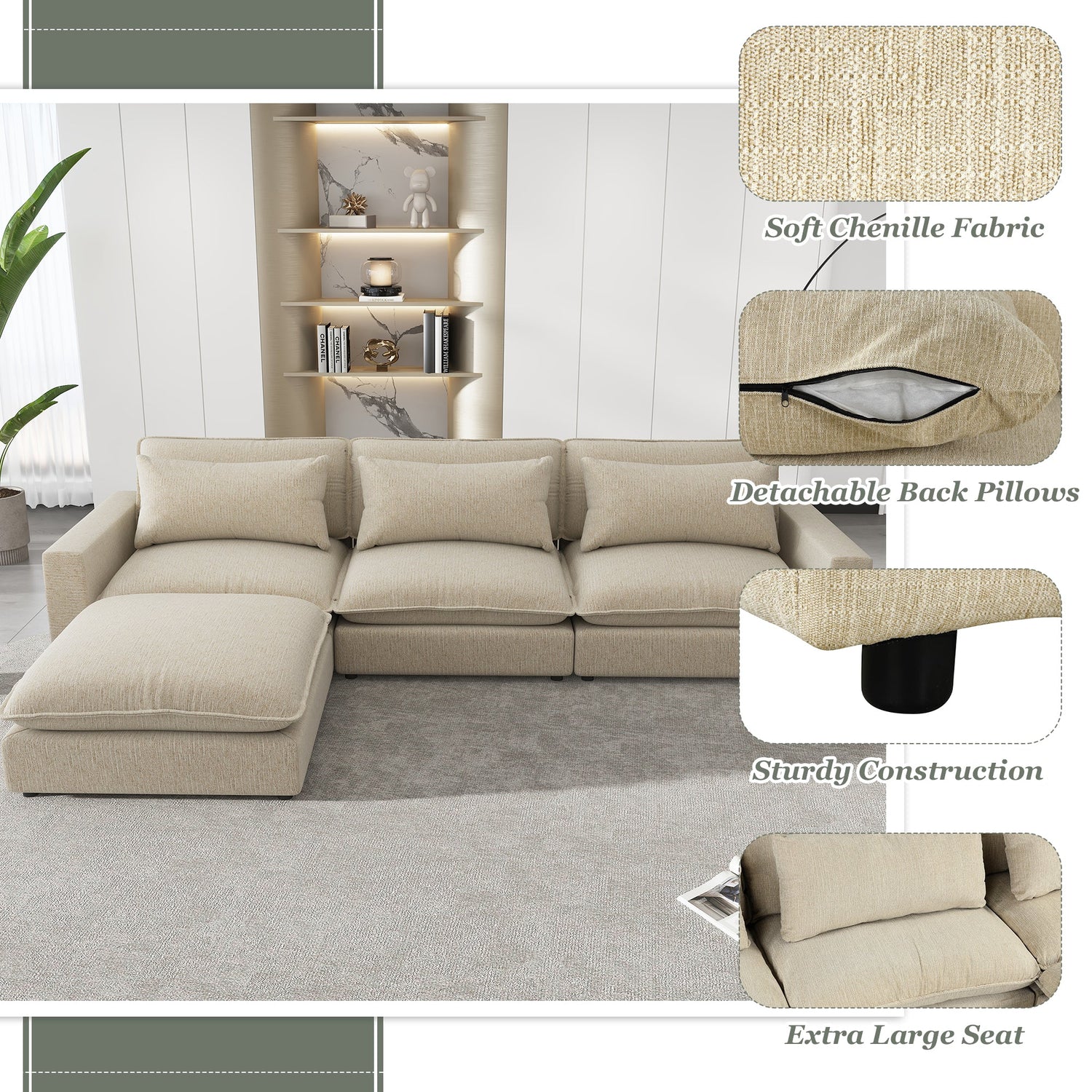 Chenille Upholstered Cloud Sofa Modular Sectional - Beige