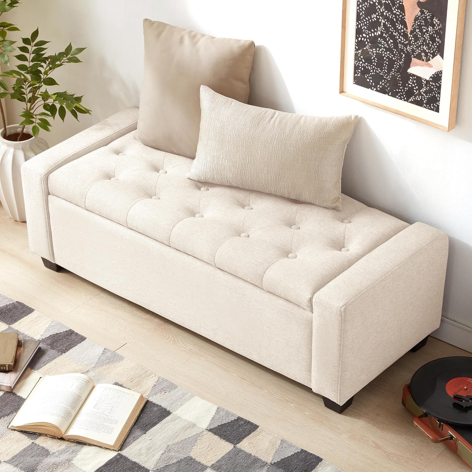 48 Inch Upholstered Storage Bench in Cream