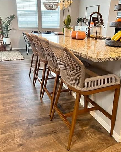 Set Of 4 Indoor/Outdoor Rattan Cushioned Bar Stools - Greige