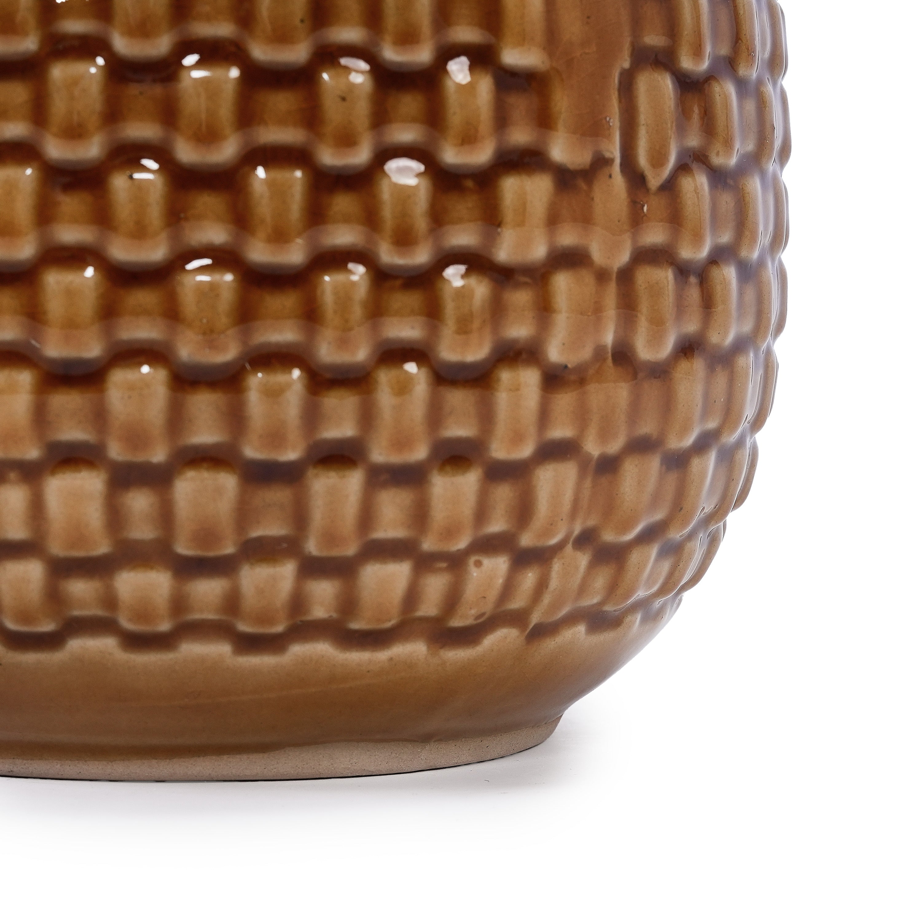 Set of 3 Weave Pattern Ceramic Pots - Brown