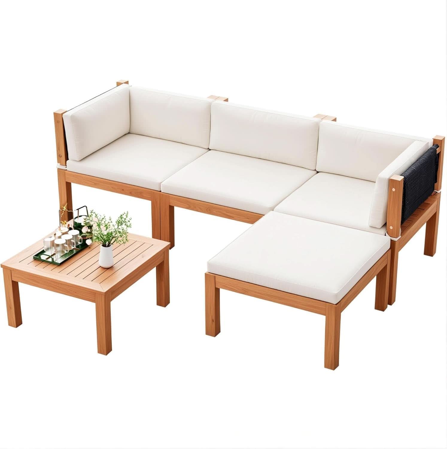 Minimalist Acacia Wood Outdoor Sectional Sofa Set with Beige Cushions