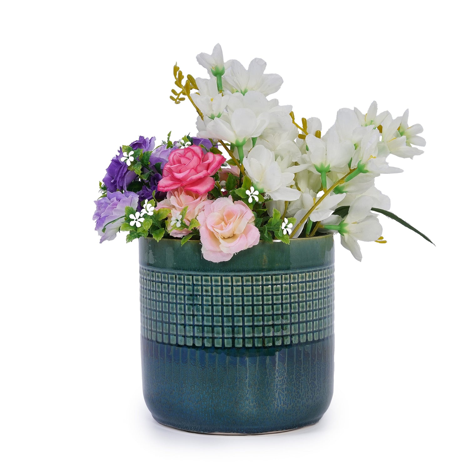 Set of 3 Grid Ceramic Flowerpots - Teal