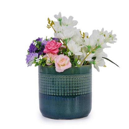 Set of 3 Grid Ceramic Flowerpots - Teal