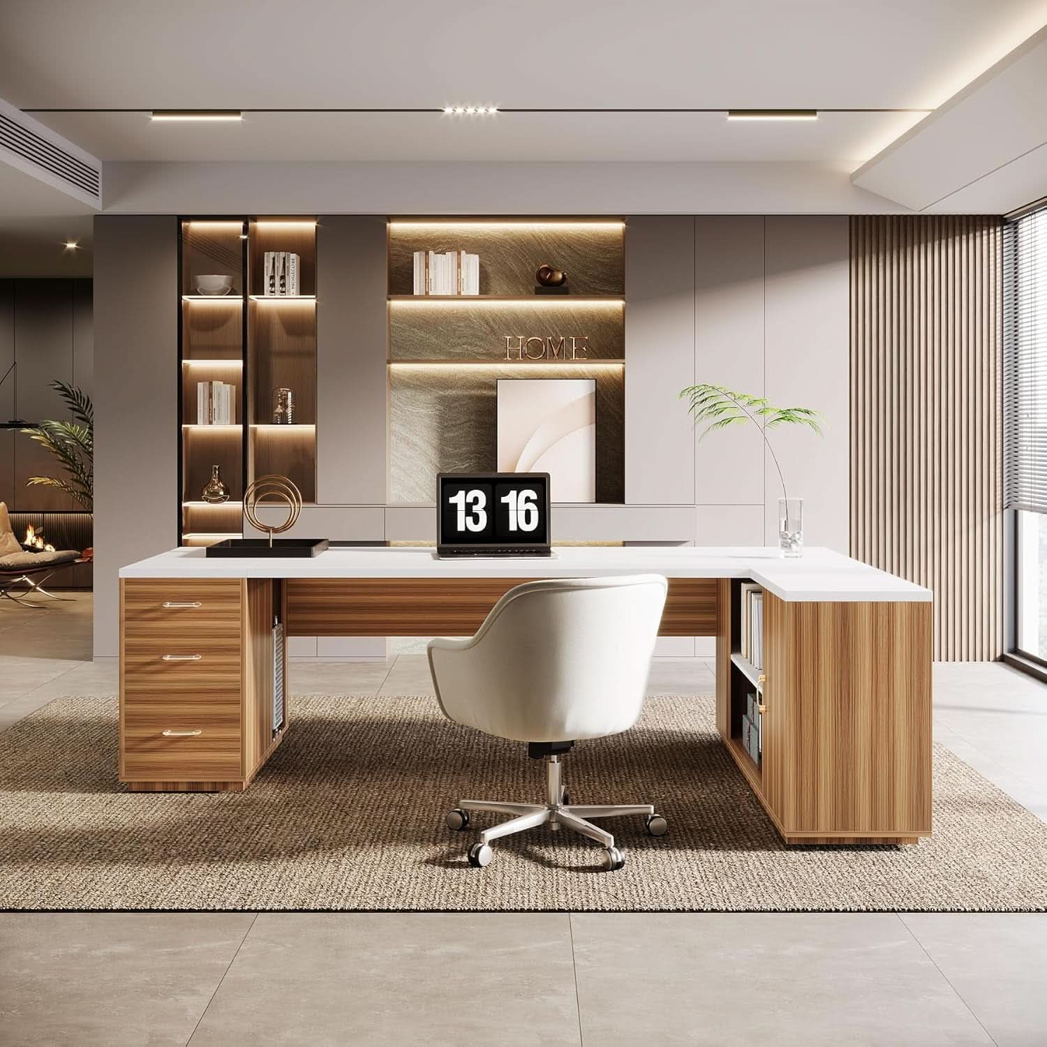 L-Shaped Executive Desk with Storage Cabinet - White Walnut