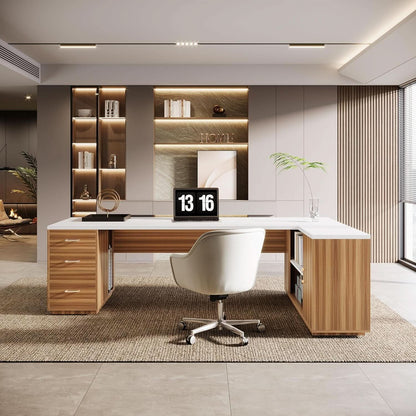 L-Shaped Executive Desk with Storage Cabinet - White Walnut