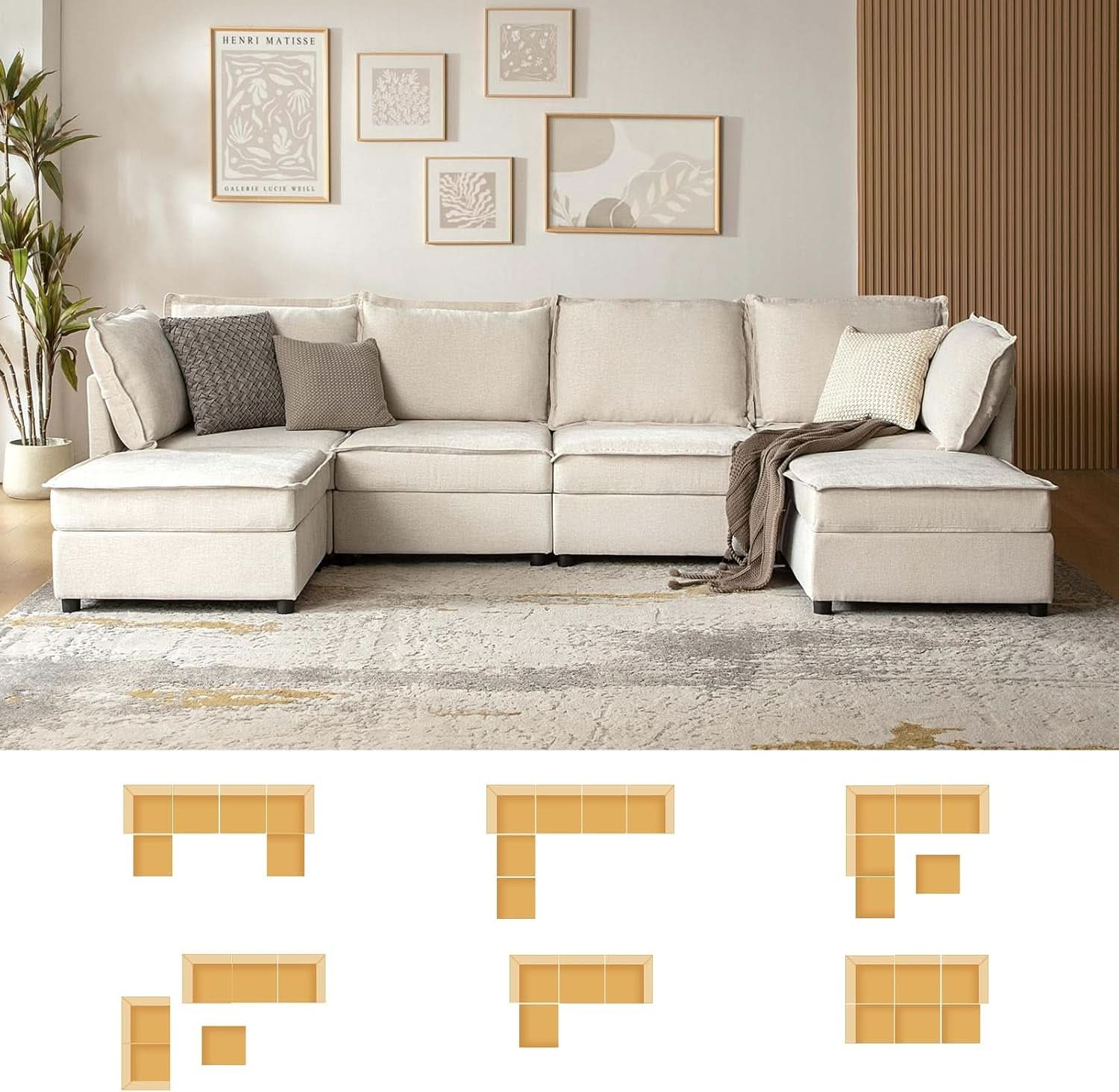 Oversized Modular Cloud Sectional Sofa w/ Storage Ottoman - Beige