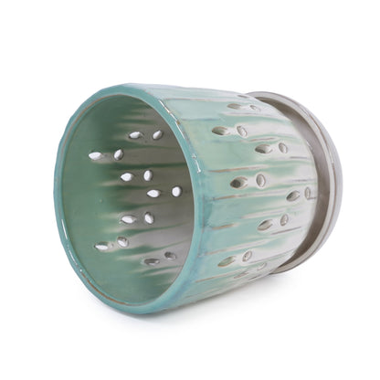 Set of 2 Ceramic Flowerpots - White/Aqua