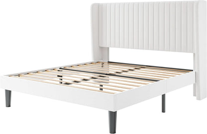Upholstered Full Size Bed Frame With Wingback Headboard in White Velvet