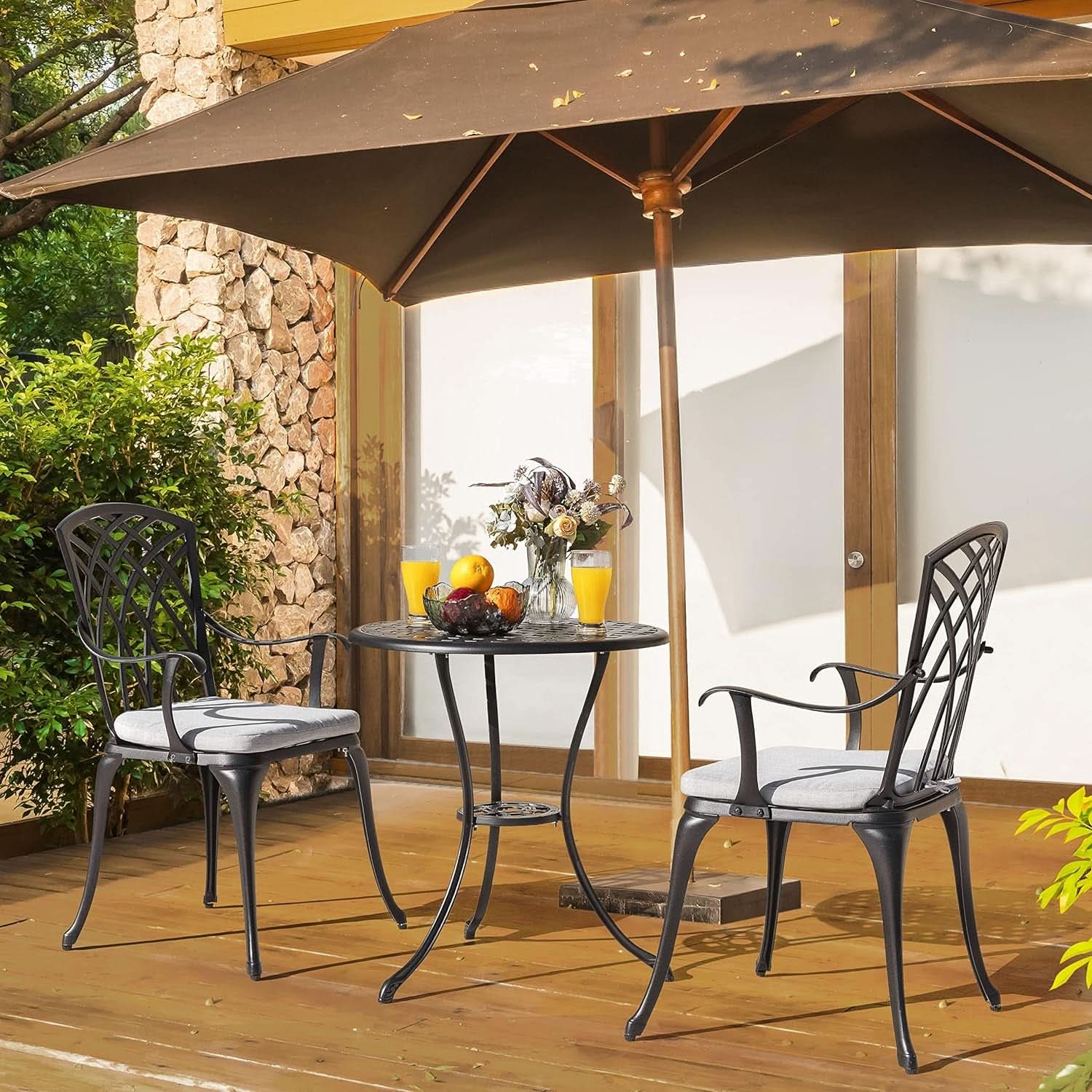 3 Piece Outdoor Cast Aluminum  Bistro Set - Black with Gray Cushions