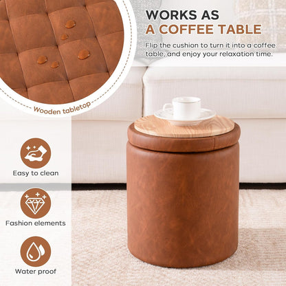 Brown Faux Leather Round Storage Nesting Ottomans - 2 pc Set