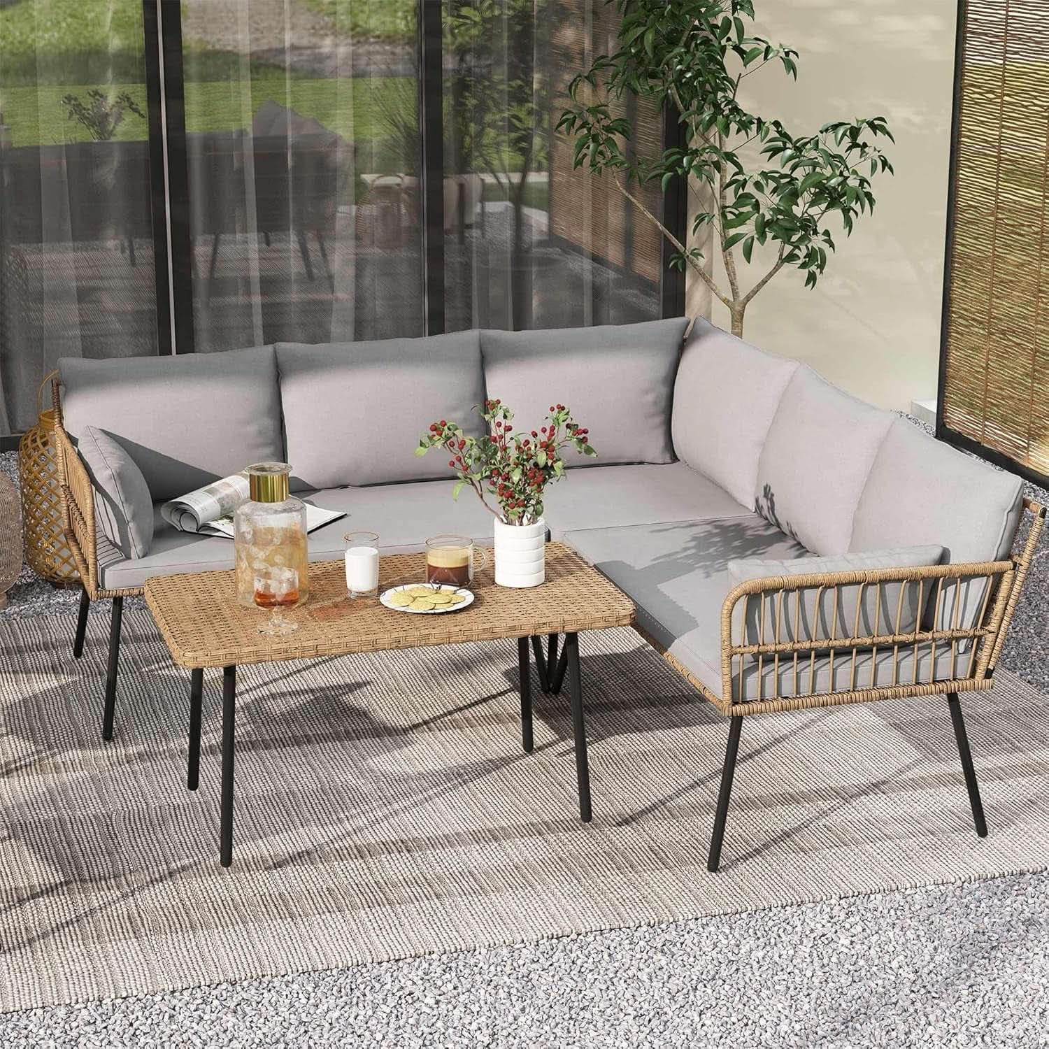 4 Piece Outdoor Wicker Sectional Set in Gray
