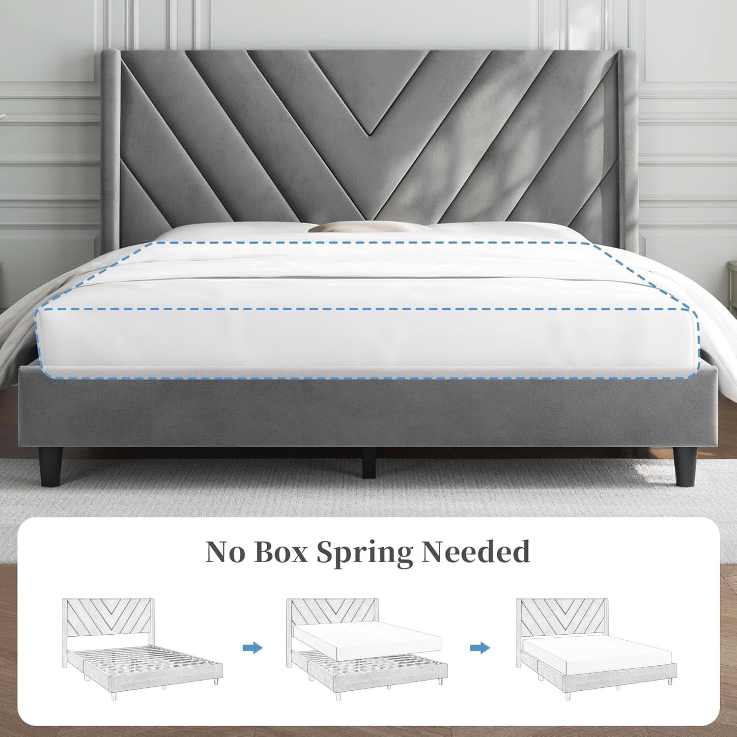 Queen Upholstered Bed Frame With Winged Tufted Headboard in Light Gray Velvet