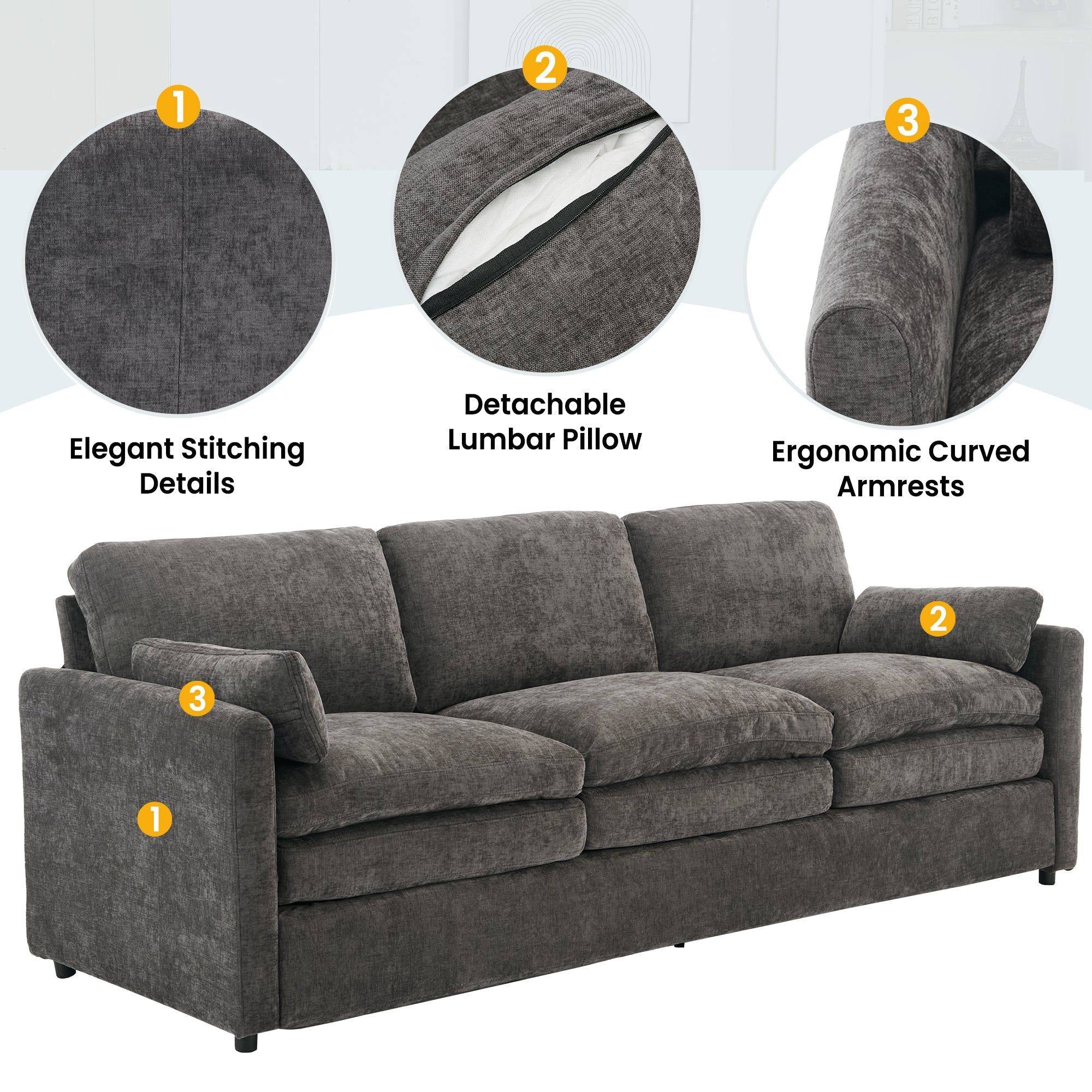 Cozy Upholstered Oversized 3-Seater Cloud Sofa in Dark Gray