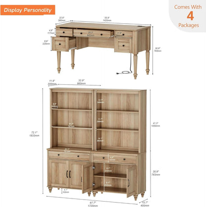 Contemporary Home Workstation Desk + 2 Storage Cabinets/Bookshelves in Distressed Oak Finish