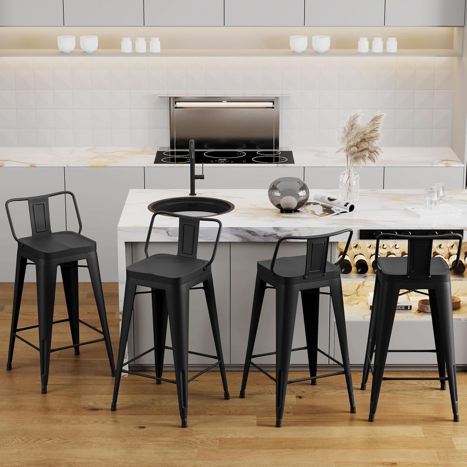 Set of 4 Indoor/Outdoor Black Industrial Metal Bar Stools - Weather Resistant