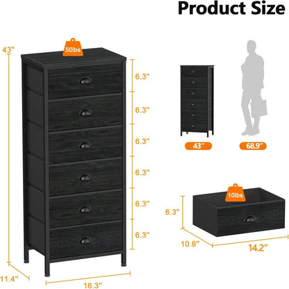 Tall Dresser With 6 Drawers - Black
