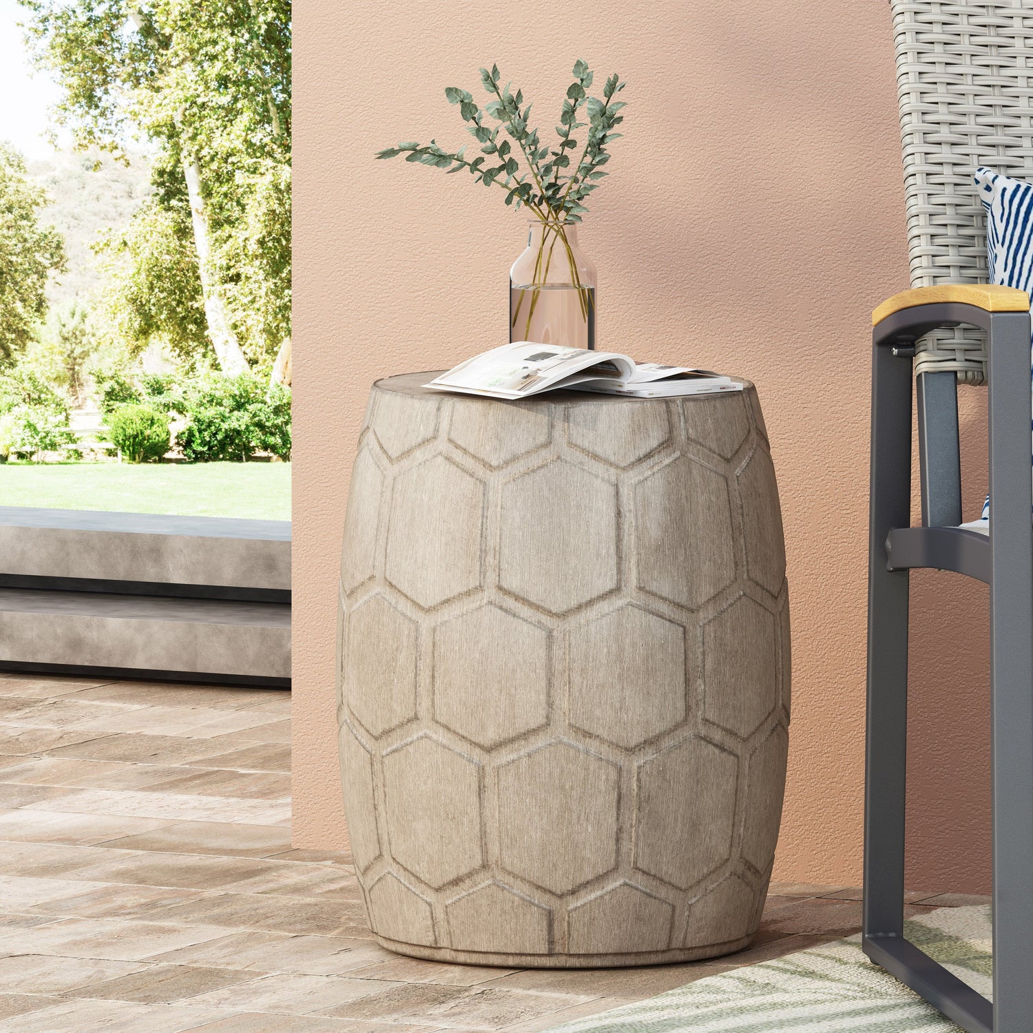 Outdoor Lightweight Concrete Side Table with Honeycomb Pattern in Natural Finish