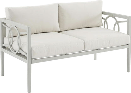 2 Piece Outdoor Gray Metal Loveseat and Coffee Table Set with Creme Cushions