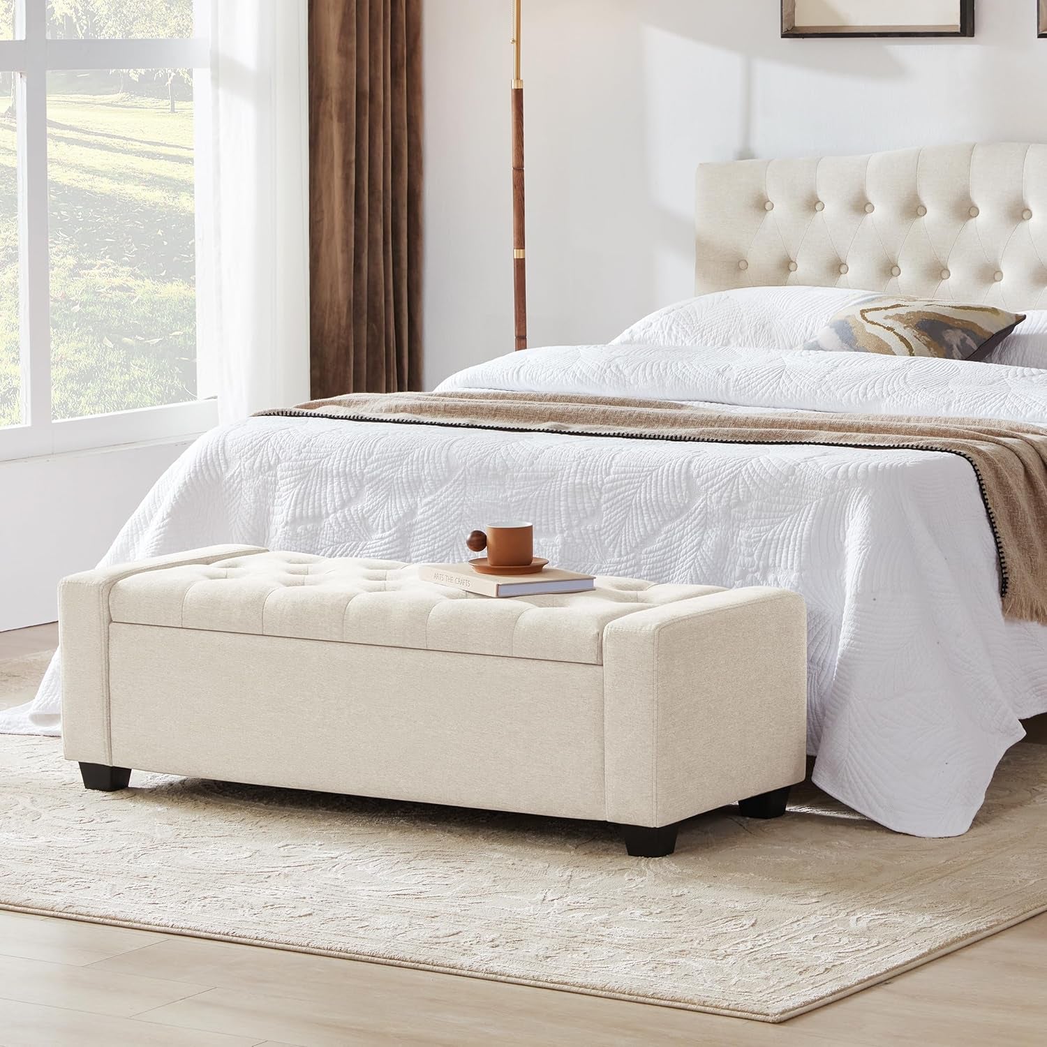 48 Inch Upholstered Storage Bench in Cream