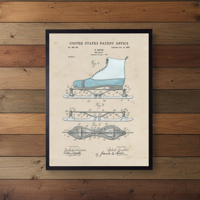Ice Skate Patent in Black Frame - 20 x 16 inch