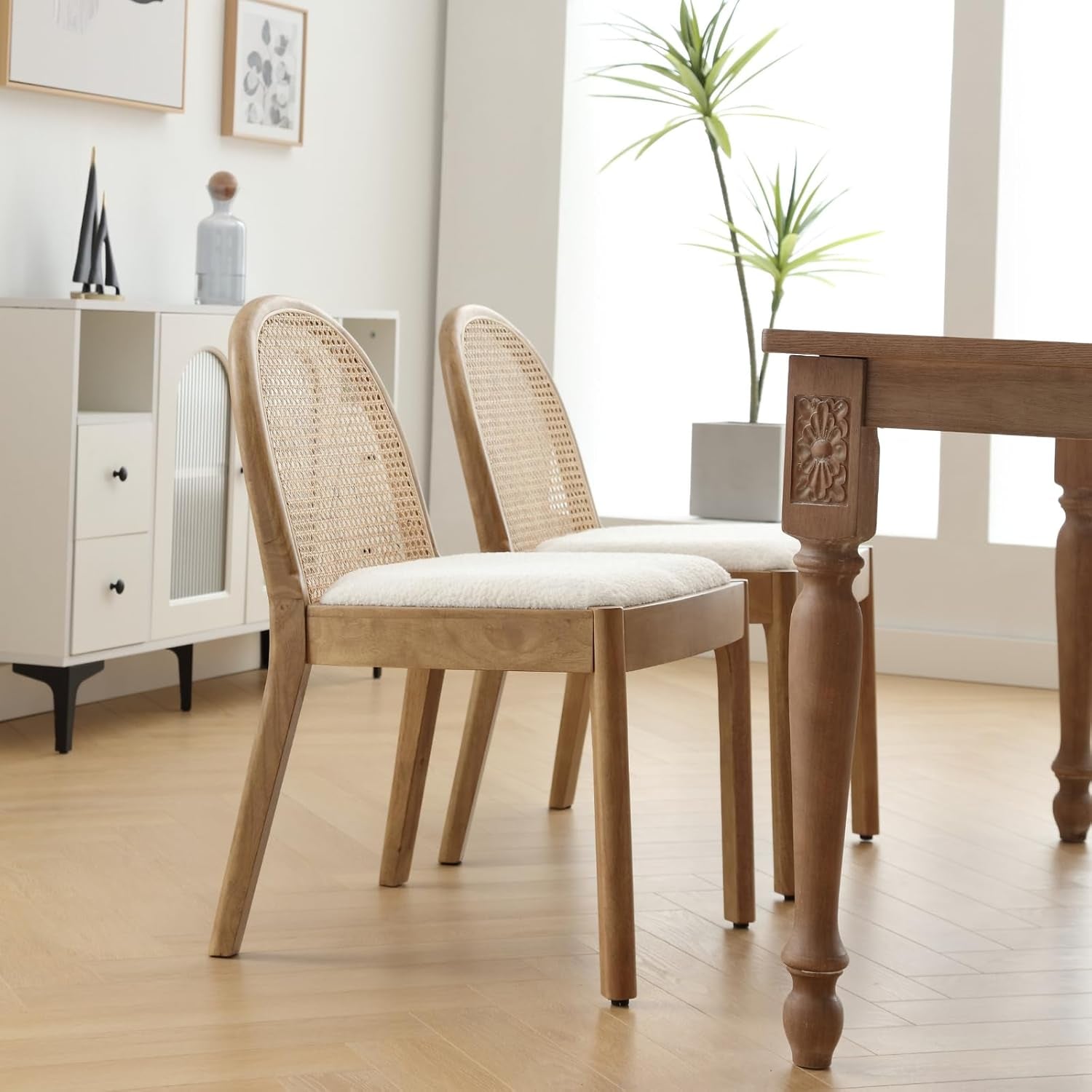 Mid Century Rattan Dining Chairs With Sherpa Upholstered Seat - 2 Pack