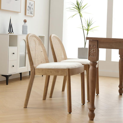 Mid Century Rattan Dining Chairs With Sherpa Upholstered Seat - 2 Pack