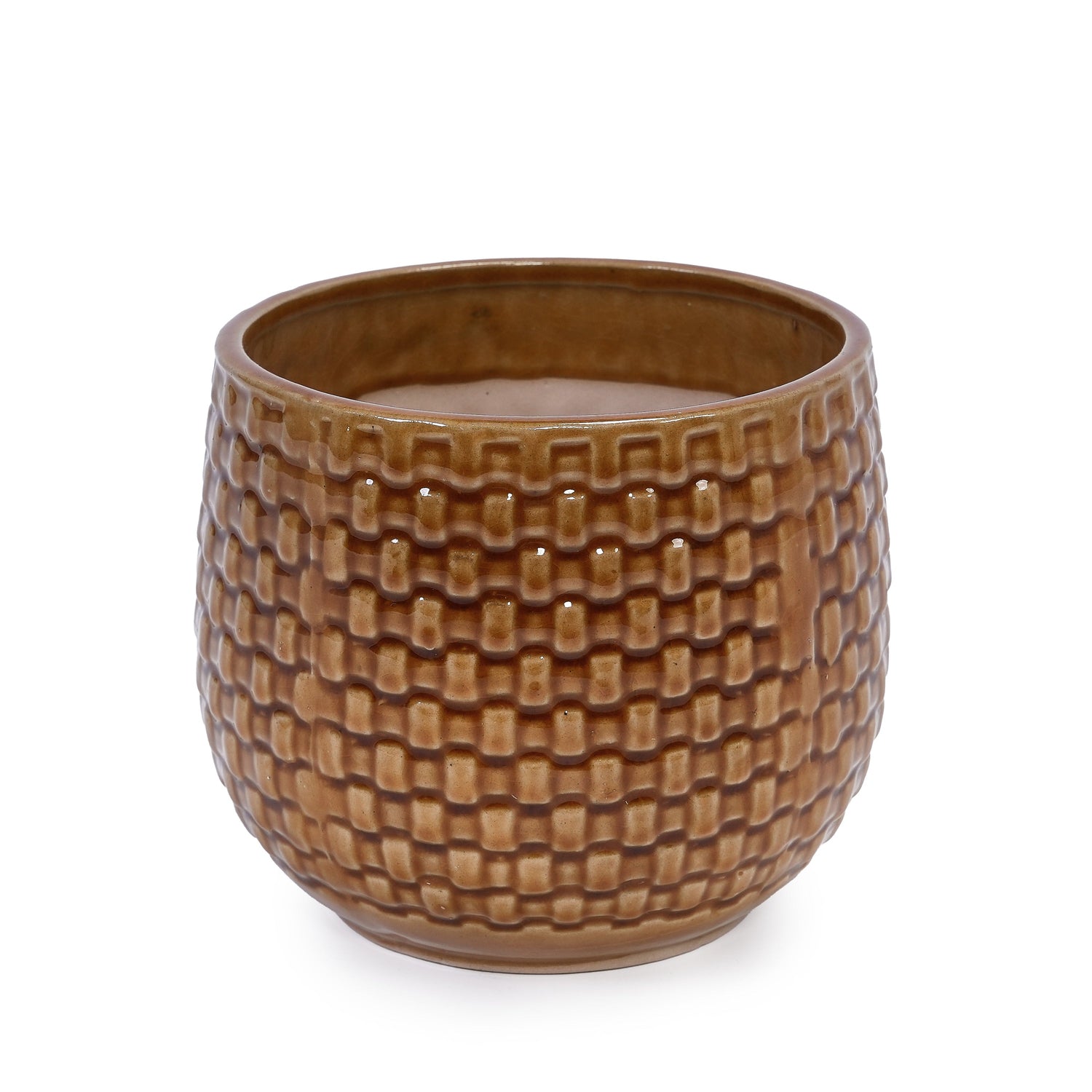 Set of 3 Weave Pattern Ceramic Pots - Brown