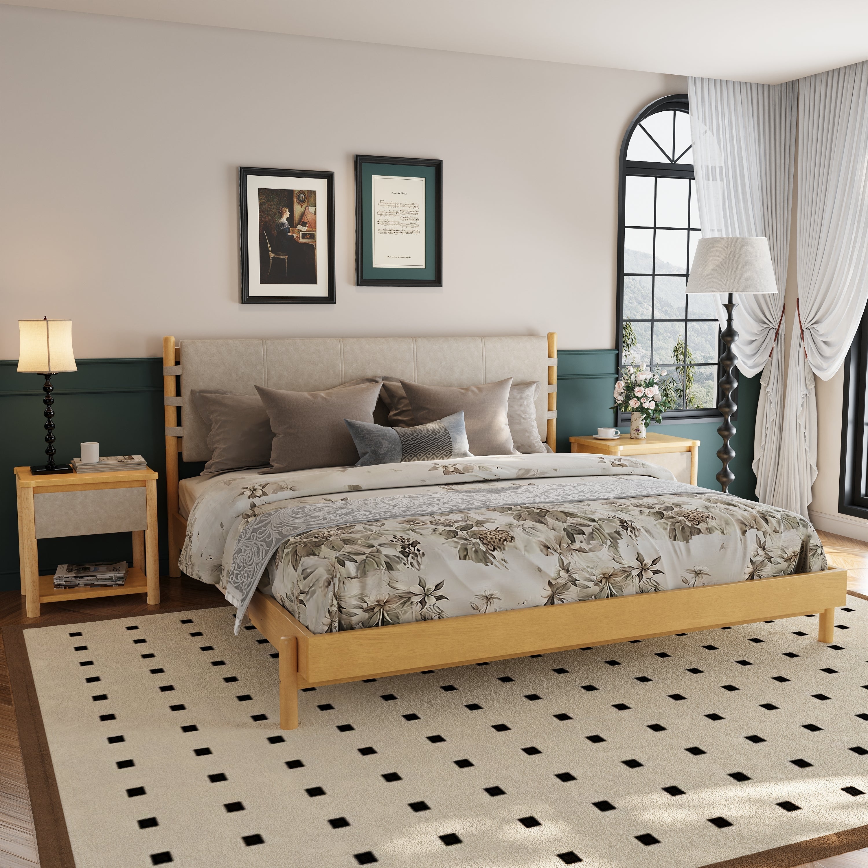 Beige Wood Platform Bed with Headboard and Matching Bedside Tables - 3 Pc Set