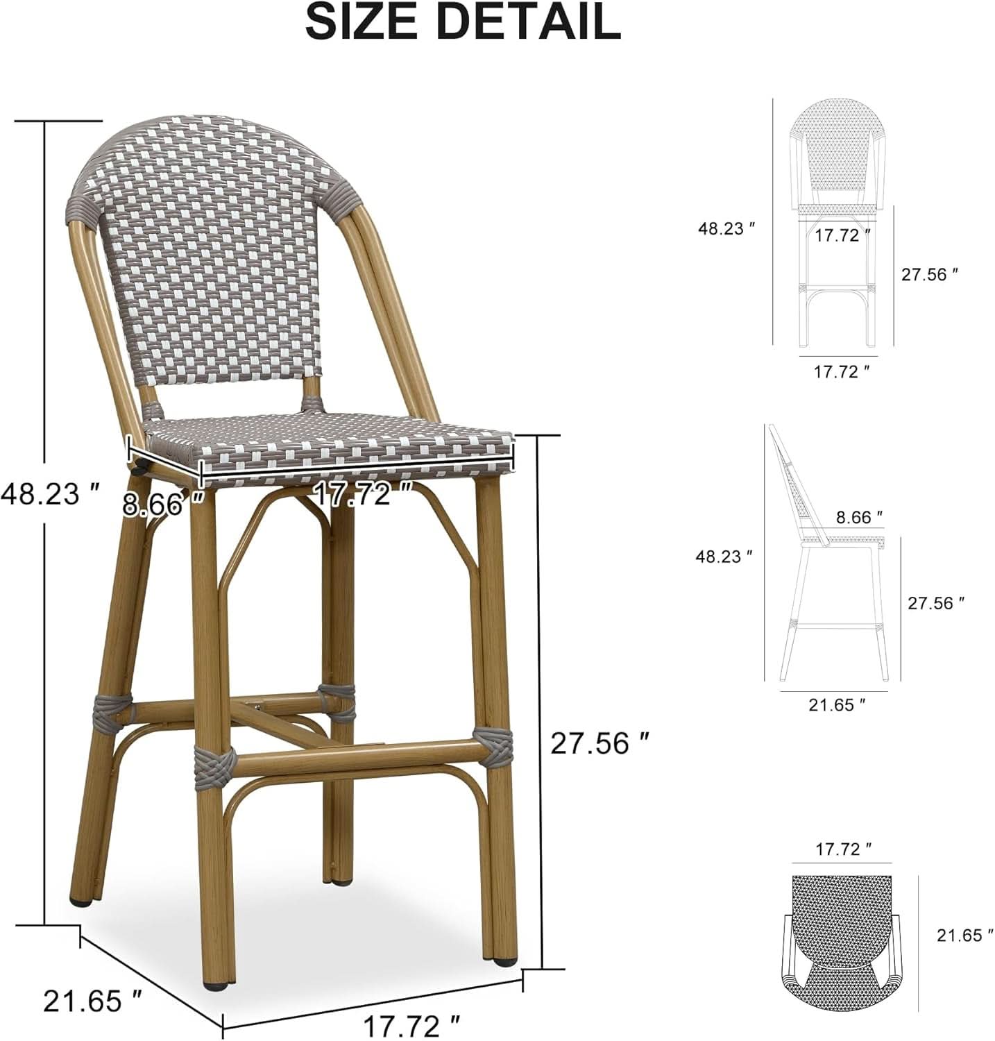 French Style Indoor/Outdoor Rattan Bar Stools - 2 Piece Set, Gray