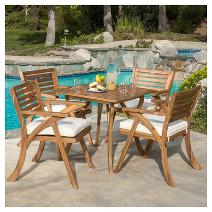 Hermosa 5 Piece Teak Wood Dining Outdoor Dining Set With Beige Cushions